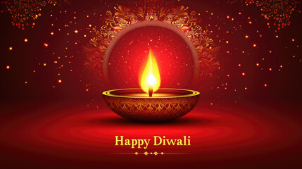 Traditional Diwali oil lamp on red background. Hindu festival celebration. Decorative diya for Indian holiday greeting card. Deepavali, Festival Lights, Dipawali - Hindu Celebration, Indian Festival