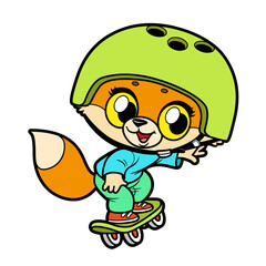 Cute cartoon fox wearing a protective helmet, riding a skateboard on white background