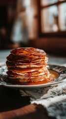 Weightless pancake stack with caramel sauce droplets on a softly blurred country farmhouse kitchen