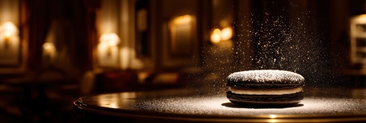 Weightless macaron stack with powdered sugar burst against a softly blurred Parisian cafÃ© under perfect lighting