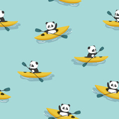 Cute panda bears swimming on kayak seamless pattern. Vector cartoon print © Afanasia