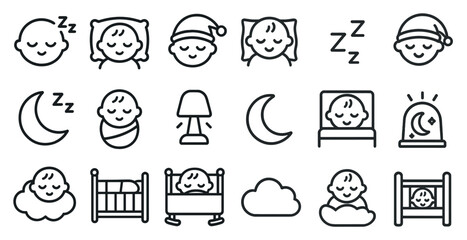 Fototapeta premium Sleep and nighttime outline icons set – dream, rest, bedtime symbols