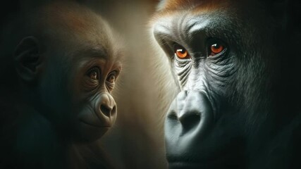 Close encounter between a baby gorilla and an adult gorilla showcases their connection in a natural habitat - Powered by Adobe