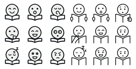 Fototapeta premium Reading and emotion outline icons set – linear, expressive, storytelling symbols