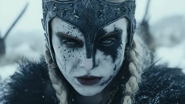 Slavic warrior: viking spirit, feminine courage, tribal shield, ancient saga, bold stance, legendary tale, nordic myth, fearless gaze, warrior code, cultural essence