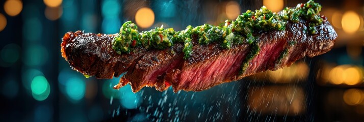 Weightless ribeye steak slice with chimichurri sauce droplets against a softly blurred steakhouse interior under perfect lighting