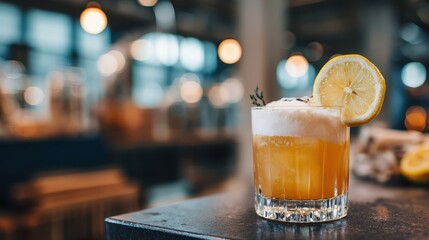 Whiskey Sour with frothy egg white head and lemon wheel garnish on a softly blurred industrial loft bar background