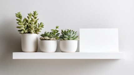 White floating shelf with succulent planters and blank sign area on softly blurred living room backdrop