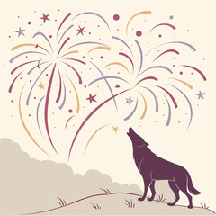 Howling Wolf with Fireworks – Wilderness Celebration Vector Art