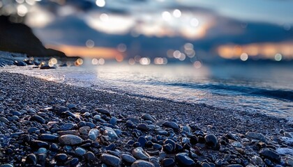 sea shore landscape nature wallpaper pebble gravel stones sea water on beach close up defocused natural bokeh lights background dark grey wet pebble gravel stones blur soft focus