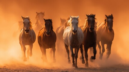 Wild horses galloping across a dusty plain at sunset