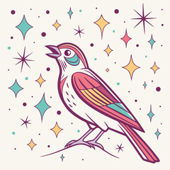 Colorful Singing Bird with Sparkling Stars – Whimsical Vector Illustration
