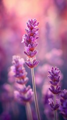 Wild purple lavender spike with soft bokeh of field behind under morning light