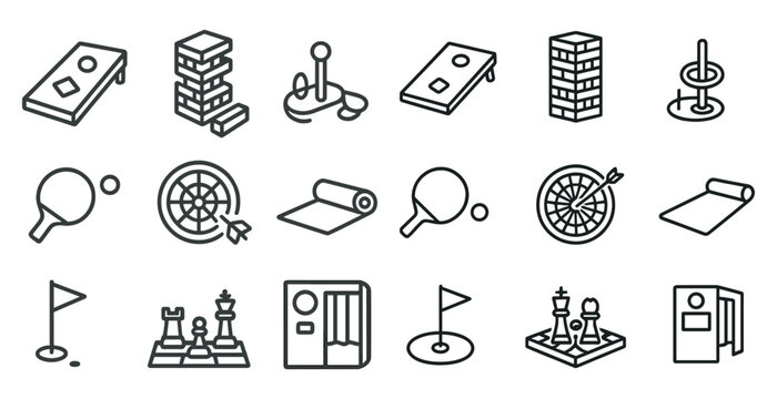 Game and recreation outline icons set – silhouette, leisure, and activity symbols