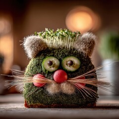 Witty cat face crafted from avocado toast base with cucumber slice eyes, tomato slice nose and radish whiskers with microgreens garnish on a softly blurred 