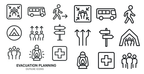 Fototapeta premium Evacuation planning outline icons set – emergency, safety, exit strategy symbols