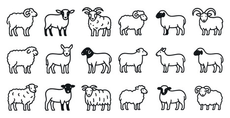 Fototapeta premium Farm animal outline icons set – silhouette, sheep, goat, livestock symbols