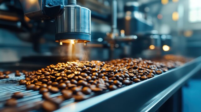 An artistic shot of coffee beans being processed in a modern roastery, emphasizing the rich aroma and craft of coffee-making, appealing to enthusiasts and connoisseurs alike.