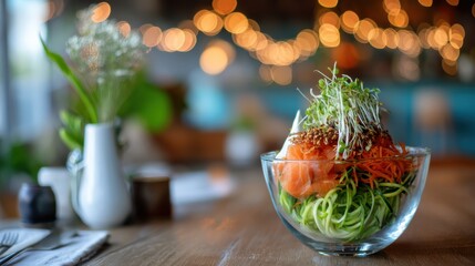 Zucchini noodle bowl with cashew cream on a glass bowl on a softly blurred vegan brunch backdrop