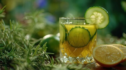 Zesty cucumber-lemon juice with green-yellow splash on a softly blurred herb garden backdrop under perfect lighting