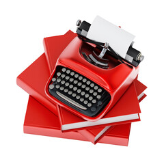 Typewriter and books stack on transparent background. 3D illustration