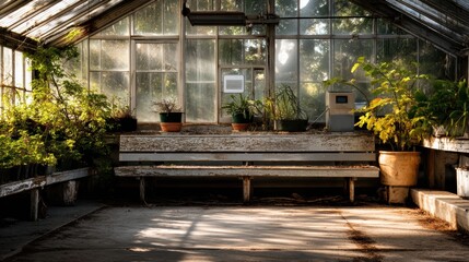 Abandoned greenhouse with empty plant benches under soft light
