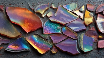 Abstract fractured glass texture with iridescent shards on a dark gradient field