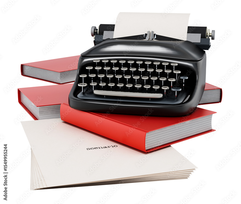 Fototapete typewriter, books and paper sheet with scenario text on transparent background.. 3d illustration