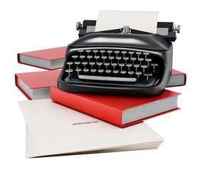 Typewriter, books and paper sheet with scenario text on transparent background.. 3D illustration