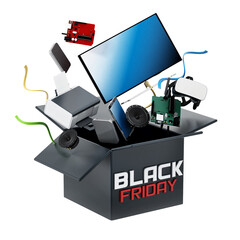 Black friday box with electronic equipment on transparent background.. 3D illustration