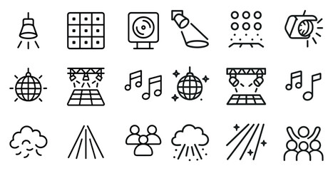 Event and celebration icons set – outline, line, party and music symbols