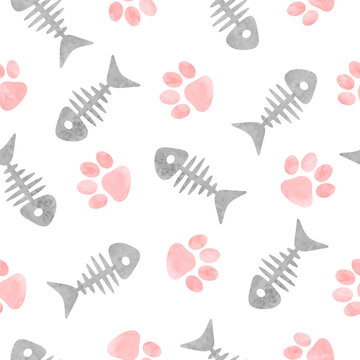 Fish bones and cats paws footprints seamless pattern. Vector watercolor illustration