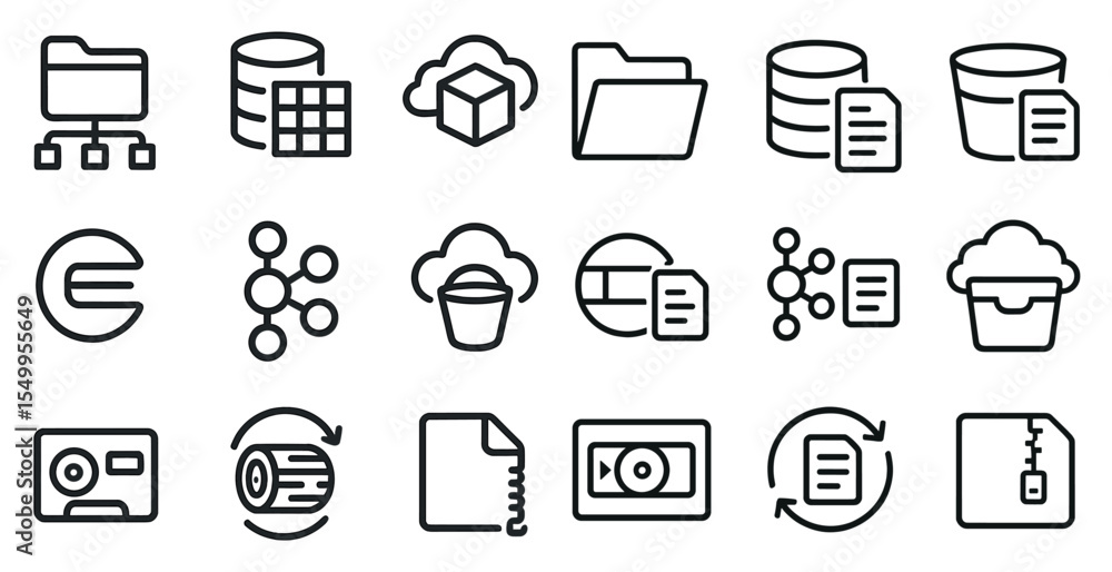 Poster data and cloud line icons set – outline, network, database and storage symbols