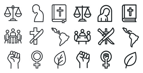 Social justice and equality outline icons set – linear, flat, activism symbols and tools