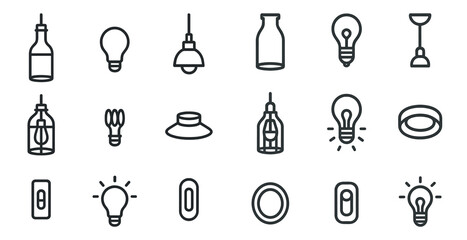 Lighting fixtures outline icons set – line, linear, lamp and bulb graphics