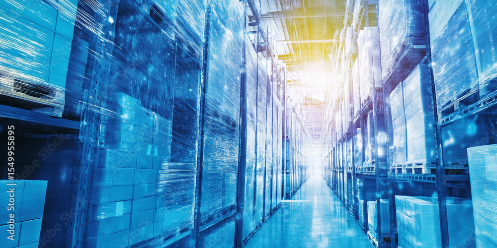 Poster cold supply chain logistics in a modern warehouse setting generative ai