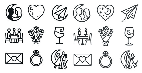 Romantic and wedding outline icons set – linear style, love and engagement symbols