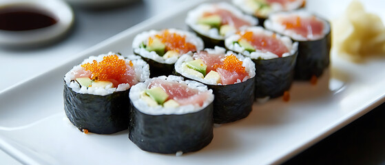 Assorted Sushi Rolls with Tuna, Avocado, and Tobiko on a White Plate