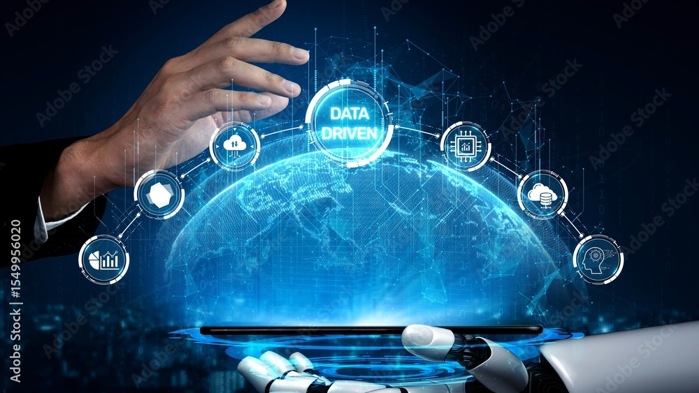 Poster data-driven decision-making empowers business through analytics, datum collection, and ai systems. d