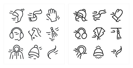 Fototapeta premium Winter clothing outline icons set – linear, flat, cold weather apparel symbols