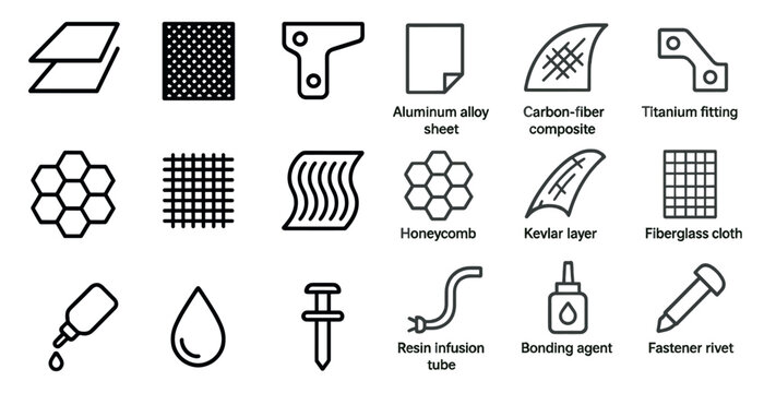 Industrial components linear icons set &ndash; outline, engineering, metal and composite graphics
