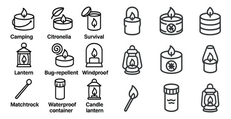 Naklejka premium Camping and survival icons set – outline, windproof, lantern and bug-repellent symbols