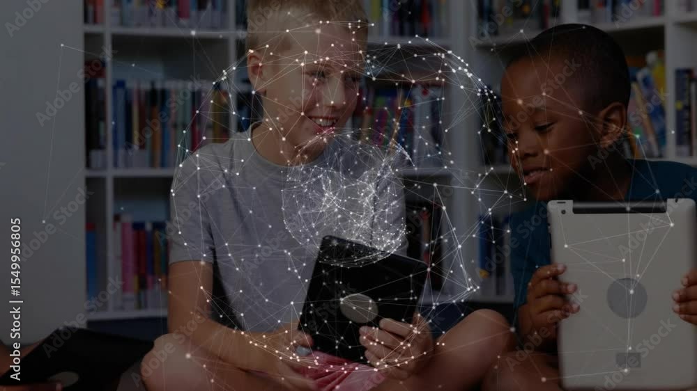 Poster Middle boy tapping tablet in library initiating device sharing with friends rotating network globe