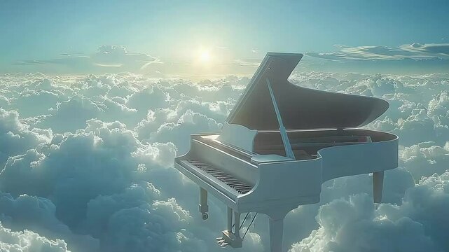 Real piano floating above the clouds at sunrise footage