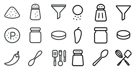 Fototapeta premium Spice and kitchen outline icons set – linear, cooking, culinary tools and ingredients
