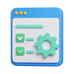 Illustration of a blue and white settings window with checkmarks and gear transparent background