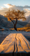 Tranquil Mountain Landscape with Wooden Bench