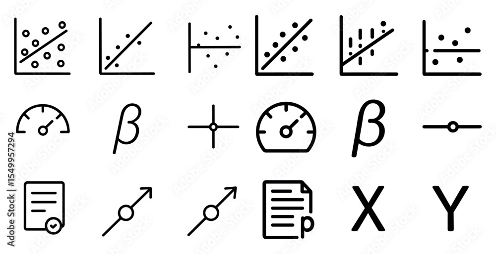 Poster data analysis outline icons set – linear, metrics, statistics and chart symbols