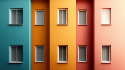 Fototapeta premium A striking view of four adjacent walls painted in bright colors, showcasing small windows, creating an artistic and modern aesthetic in urban architecture.