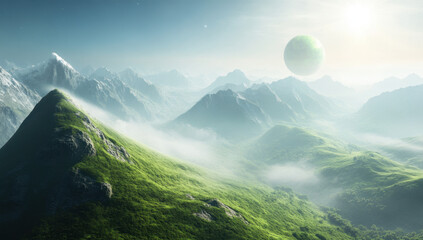 Misty Mountain Range Landscape, Alien Planet